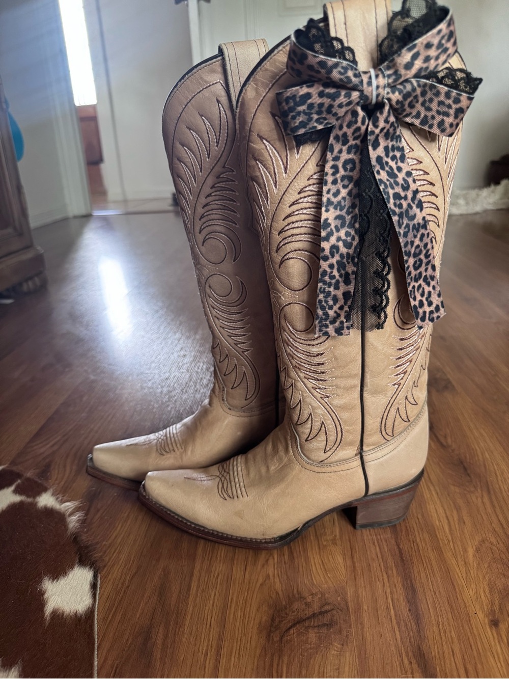 Tan Leather Knee-High Lace-Up Cowboy Boots with Leopard Bow